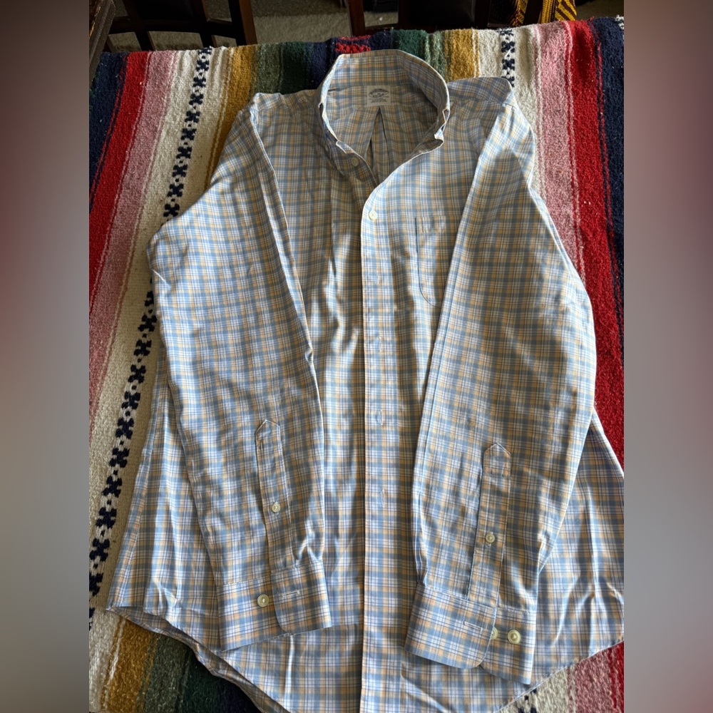 Brooks Brothers Light Blue and Tan Plaid Shirt